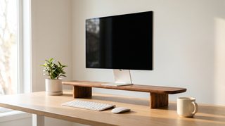A monitor raised to eye level on a solid walnut Monolith Desk Shelf riser on a bright minimalist desk, with a keyboard, mouse, plant and coffee mug, demonstrating correct ergonomic monitor height