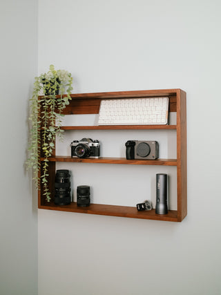 Monolith Wall Shelf in solid walnut hardwood, three-tier display shelf with french cleat mount
